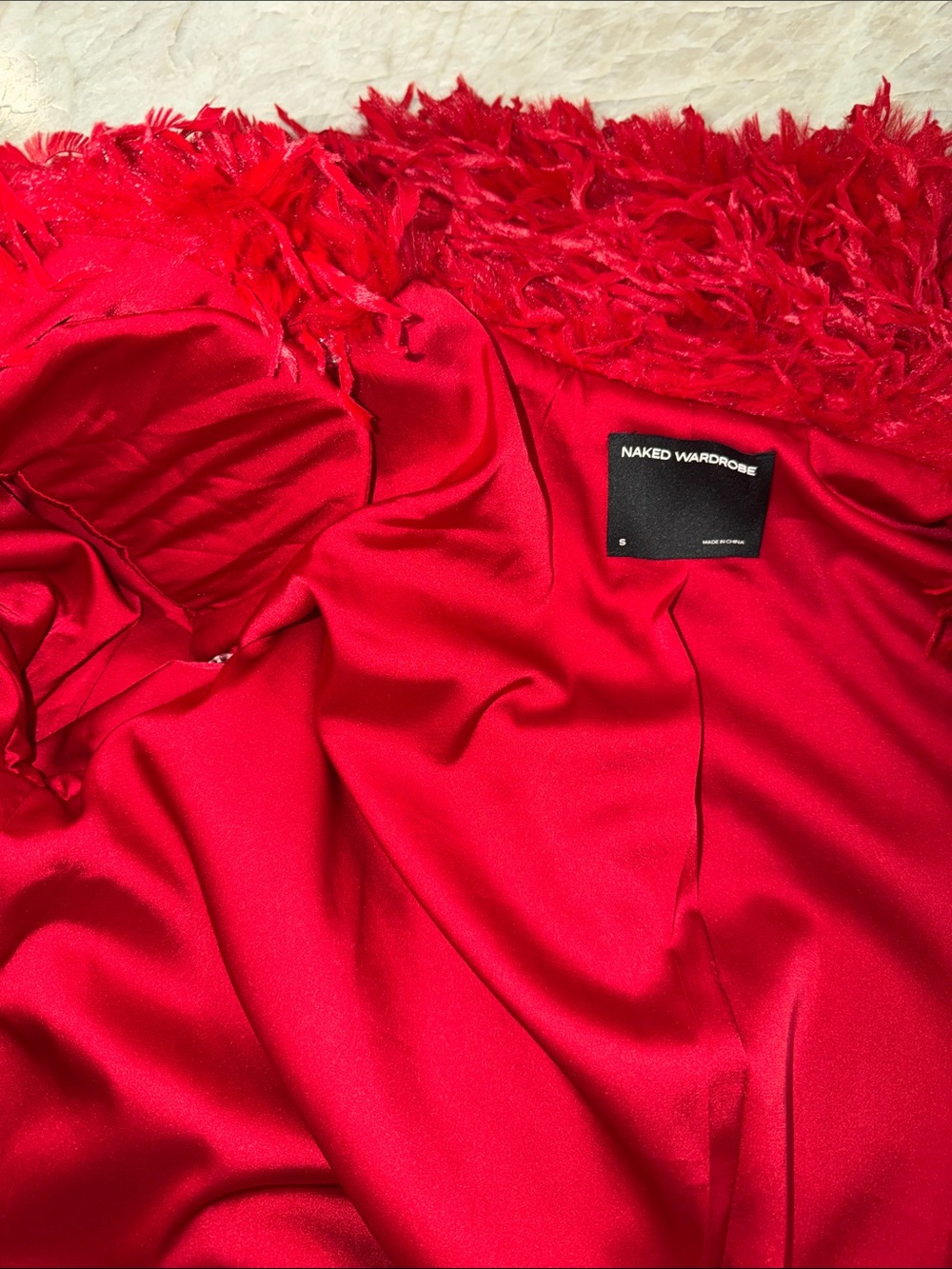 naked wardrobe Red Faux Fur Trench Coat - Picture 3 of 5